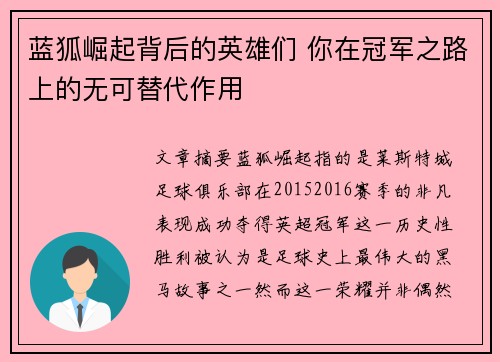 蓝狐崛起背后的英雄们 你在冠军之路上的无可替代作用