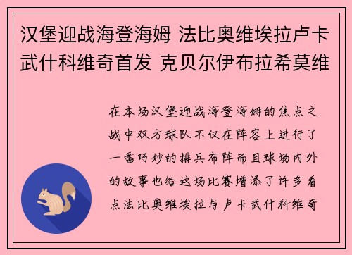 汉堡迎战海登海姆 法比奥维埃拉卢卡武什科维奇首发 克贝尔伊布拉希莫维奇出战