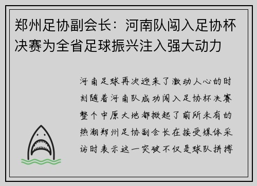 郑州足协副会长：河南队闯入足协杯决赛为全省足球振兴注入强大动力