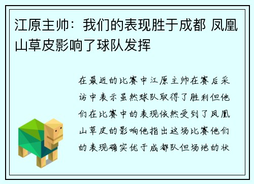 江原主帅：我们的表现胜于成都 凤凰山草皮影响了球队发挥
